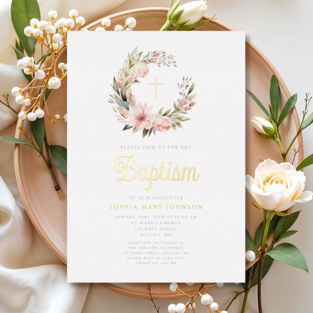 Invitation En Aluminium Élégante Fille de couronne rose Baptême Or (Elegant Pink Wreath Girl Baptism Gold Foil Invitation)