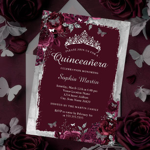 Invitation En Aluminium Élégante Fleur de Bourgogne Argentée Quinceanera 