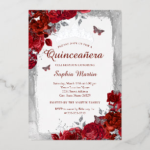 Invitation En Aluminium Élégante Fleur Rouge Papillon Quinceanera 