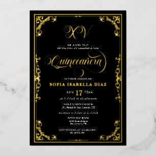 Invitation En Aluminium Elégante frontière noire Quinceañera or ou argent