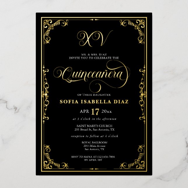 Invitation En Aluminium Elégante frontière noire Quinceañera or ou argent (Recto)