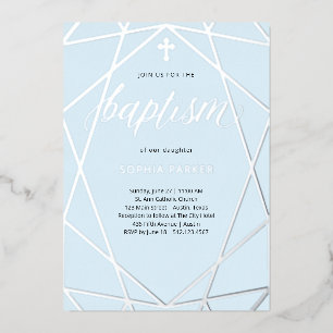 Invitation En Aluminium Elégante géométrie argent sur bleu clair Baptême