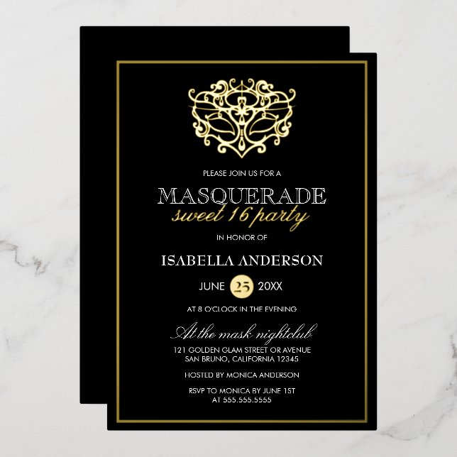 Invitation En Aluminium Elégante Gold & Black Masquerade Sweet 16 Party (Recto/Verso)