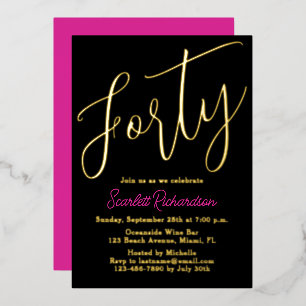 Invitation En Aluminium Elégante Gold Foil Rose Black 40e fête d'anniversa