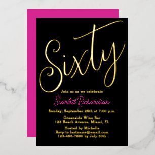 Invitation En Aluminium Elégante Gold Foil rose Noir 60e fête d'anniversai