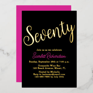 Invitation En Aluminium Elégante Gold Foil rose Noir 70e fête d'anniversai