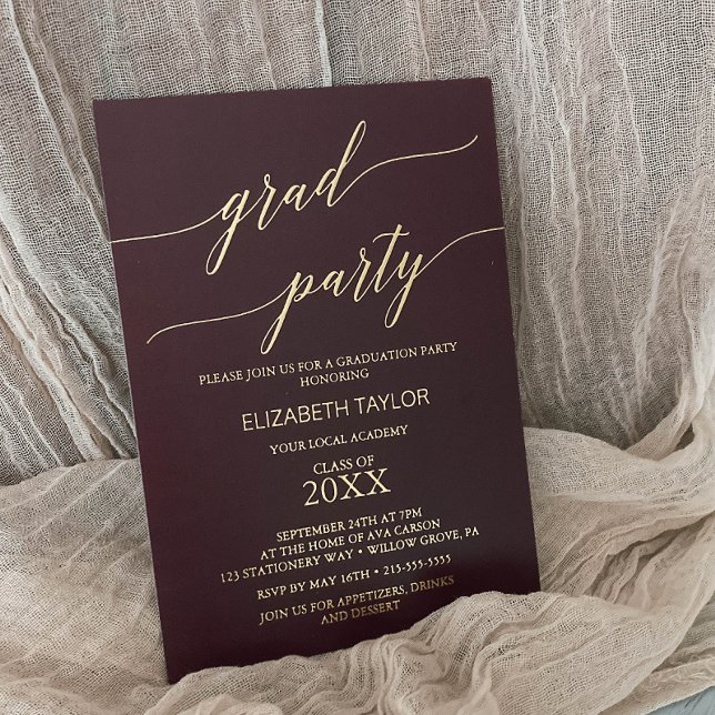 Invitation En Aluminium Élégante huile d'or | Burgundy Graduation Party (Créateur téléchargé)