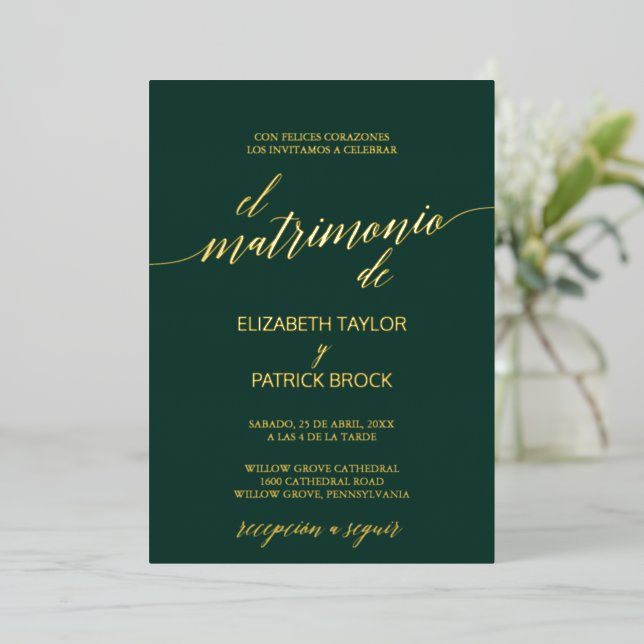 Invitation En Aluminium Élégante huile d'or | Emerald Green Mariage espagn (Debout devant)