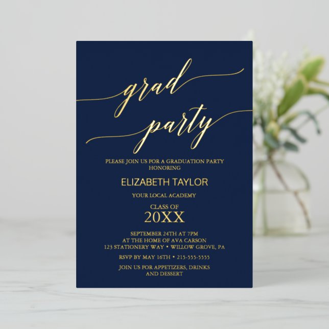 Invitation En Aluminium Élégante huile d'or | Navy Blue Graduation Party (Debout devant)