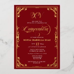 Invitation En Aluminium Élégante huile royale rouge Quinceañera or