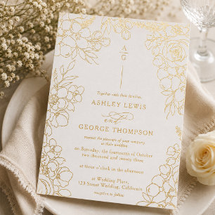 Invitation En Aluminium Élégante Mariage Photo Floral Monogramme Or Feuill