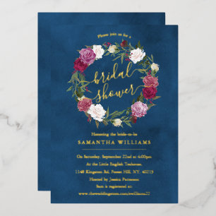Invitation En Aluminium Elégante Marine Bleu Floral Fête des mariées de co