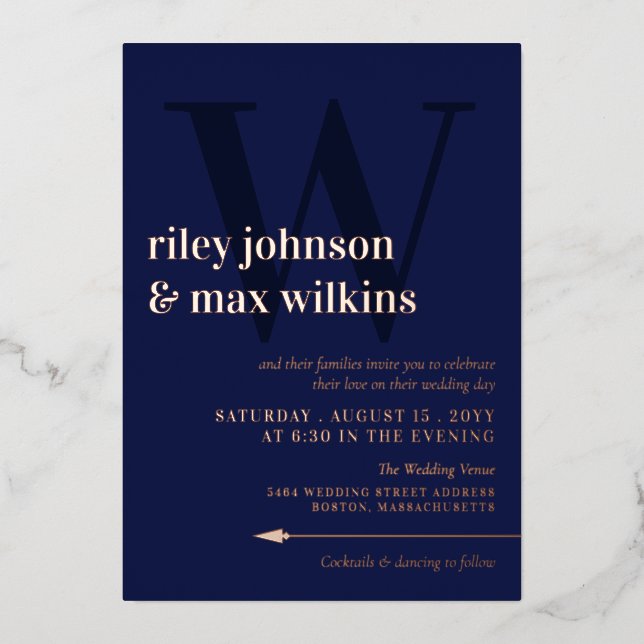 Invitation En Aluminium Elégante Marine Blue Typographie Arrow Rose Gold (Recto)