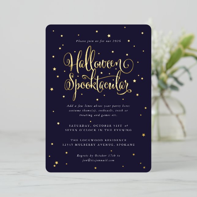 Invitation En Aluminium Elégante Marine/Halloween Gold Spooktacular + Étoi (Debout devant)