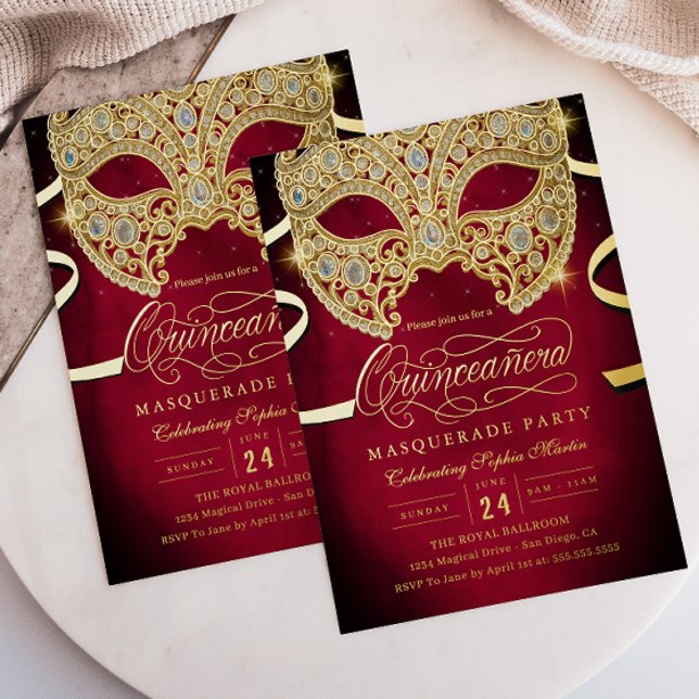 Invitation En Aluminium Elégante mascarade en or rouge Quinceanera (Créateur téléchargé)