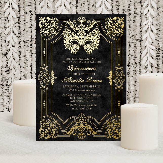 Invitation En Aluminium Elégante Mascarade noire Mascaré Quinceanera (Créateur téléchargé)