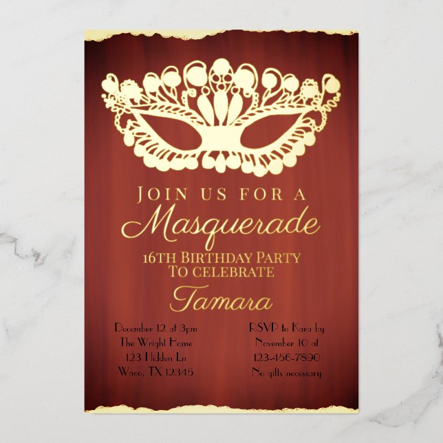 Invitation En Aluminium Elégante Mascarade Rouge Seizième anniversaire (Recto)