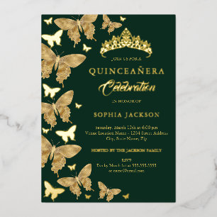 Invitation En Aluminium Elégante Papillon Émeraude Or Quinceanera