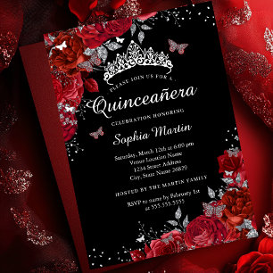 Invitation En Aluminium Elégante Papillon Floral Rouge Noir Quinceanera 