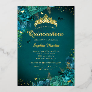 Invitation En Aluminium Elégante Papillon Floral Vibrant Turquoise Quincea