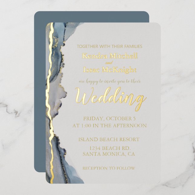 Invitation En Aluminium Elégante Parties scintillant Dusty Blue Gold (Recto/Verso)