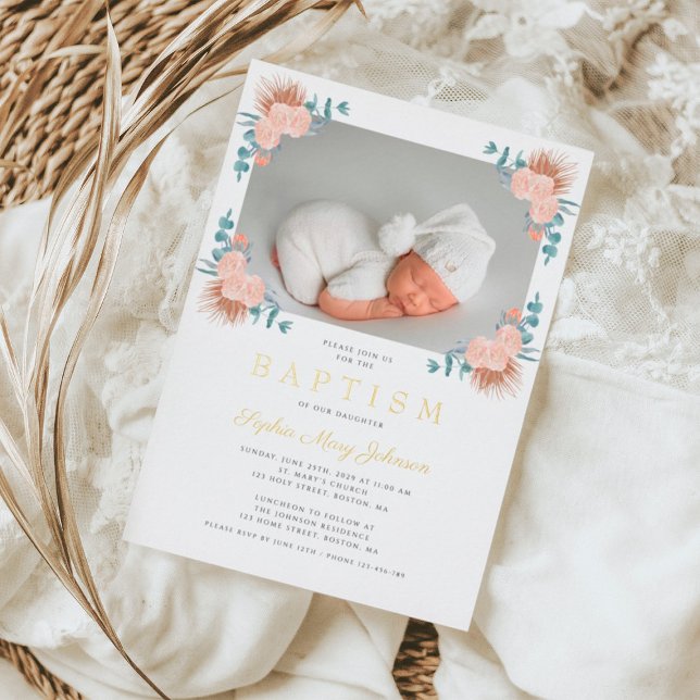 Invitation En Aluminium Élégante Photo Fille Fleurie Rose Baptême Or (Elegant Pink Floral Girl Photo Baptism Gold Foil Invitation)
