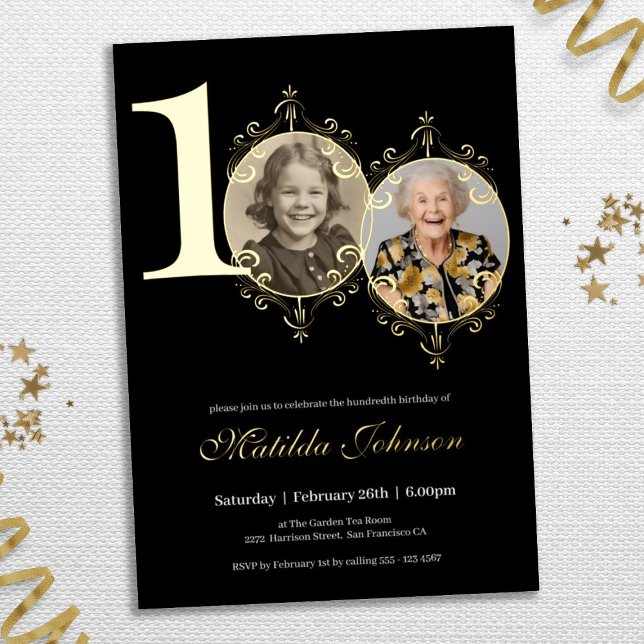 Invitation En Aluminium Elégante photo Noir Blanc 100e anniversaire (100th Birthday Black White Elegant Custom Photo Foil Invitation)
