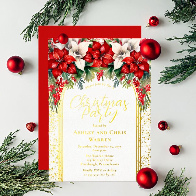 Invitation En Aluminium Elégante Poinsettias Fête de Noël Florale (Red and white poinsettias and berries bouquet, arched gold foil frame and text Christmas Party)