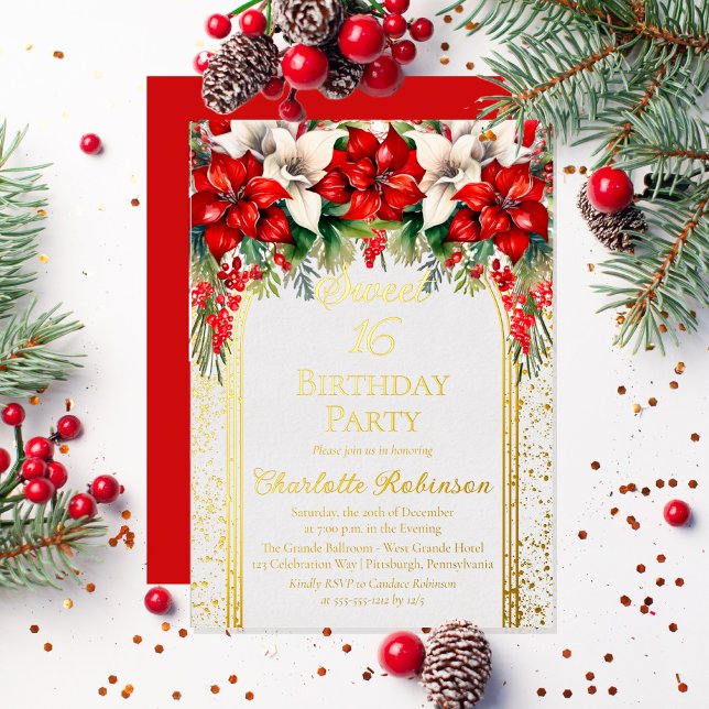 Invitation En Aluminium Élégante Poinsettias Floral Sweet 16 Anniversaire (Elegant Red and White Poinsettias Holiday Sweet 16 Birthday Party Gold Foil Invitation)