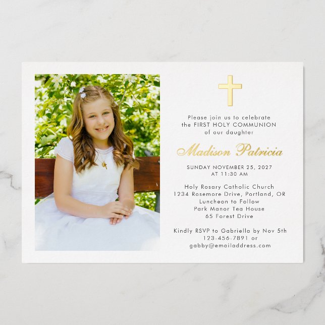 Invitation En Aluminium Elégante première communion photo Real Gold (Recto)