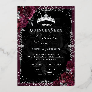 Invitation En Aluminium Élégante Quinceanera Bourguignonne Argentée Rose
