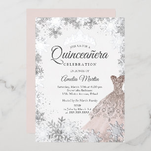 Invitation En Aluminium Élégante Quinceanera de flocon de neige rose argen