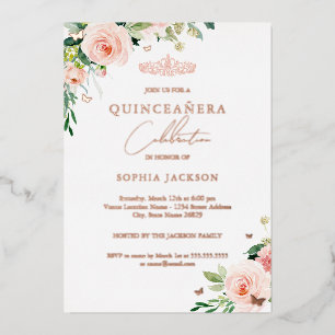 Invitation En Aluminium Élégante Quinceanera Fleurie en Or Rose