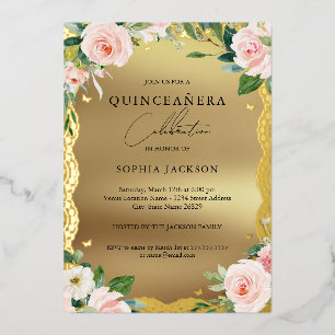 Invitation En Aluminium Élégante Quinceanera Florale Rose Broderie Or