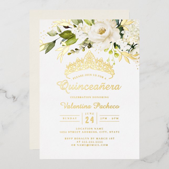 Invitation En Aluminium Elégante Quinceanera jaune or blanc (Recto/Verso)