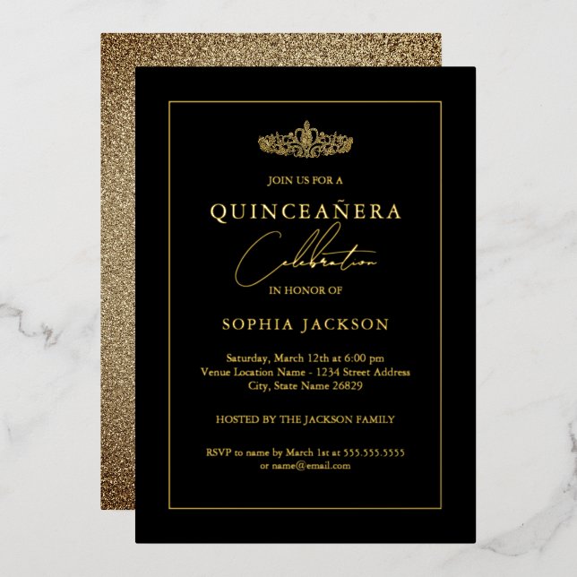 Invitation En Aluminium Elégante Quinceanera Noire Or 15e (Recto/Verso)