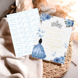 Invitation En Aluminium Elégante Quinceanera Papillon Floral bleu Dusty