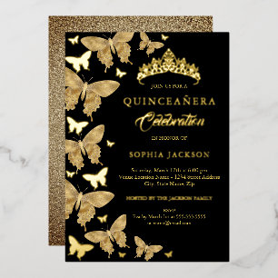 Invitation En Aluminium Élégante Quinceanera, Papillon Noir Et Or
