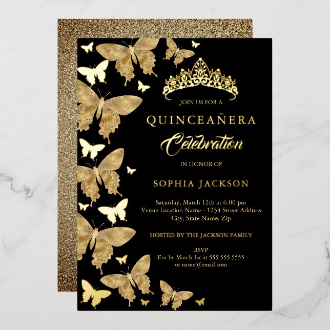 Invitation En Aluminium Élégante Quinceanera, Papillon Noir Et Or (Recto/Verso)