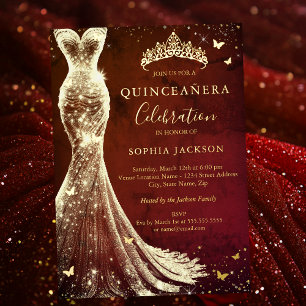Invitation En Aluminium Élégante Quinceanera Papillon Rouge Or Vintage