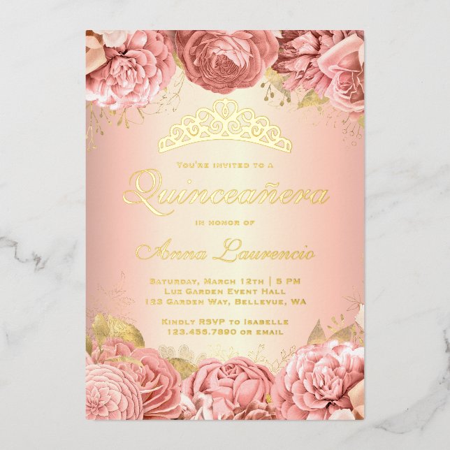 Invitation En Aluminium Elégante Quinceanera rose florale 15e anniversaire (Recto)
