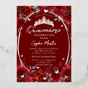 Invitation En Aluminium Elégante Quinceanera Rouge Argent Floral