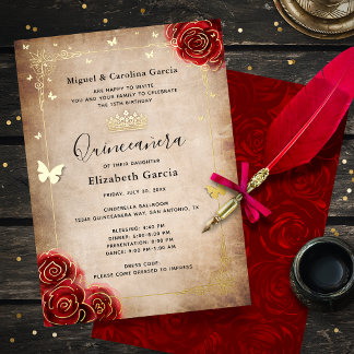 Invitation En Aluminium Elégante Quinceanera Rouge Rose Or