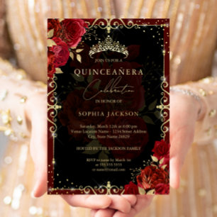 Invitation En Aluminium Élégante Quinceanera Royale Rouge Or Rose