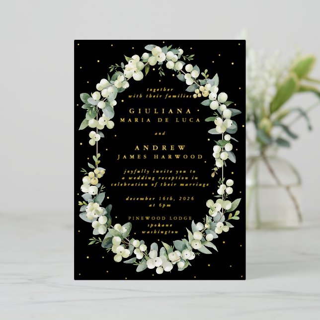 Invitation En Aluminium Elégante Réception Black Snowberry+Eucalyptus Seul (Debout devant)