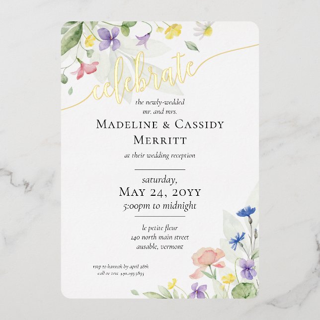 Invitation En Aluminium Elégante réception de mariage Fleurs sauvages aqua (Recto)