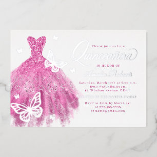 Invitation En Aluminium Elégante robe papillon rose argent Quinceanera