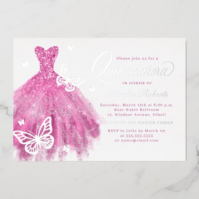 Invitation En Aluminium Elégante robe papillon rose argent Quinceanera (Recto)