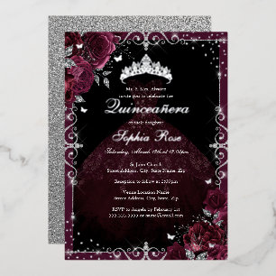 Invitation En Aluminium Elégante robe Rose en argent bordeaux Quinceanera