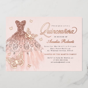 Invitation En Aluminium Elégante robe Rose en or papillon Quinceanera